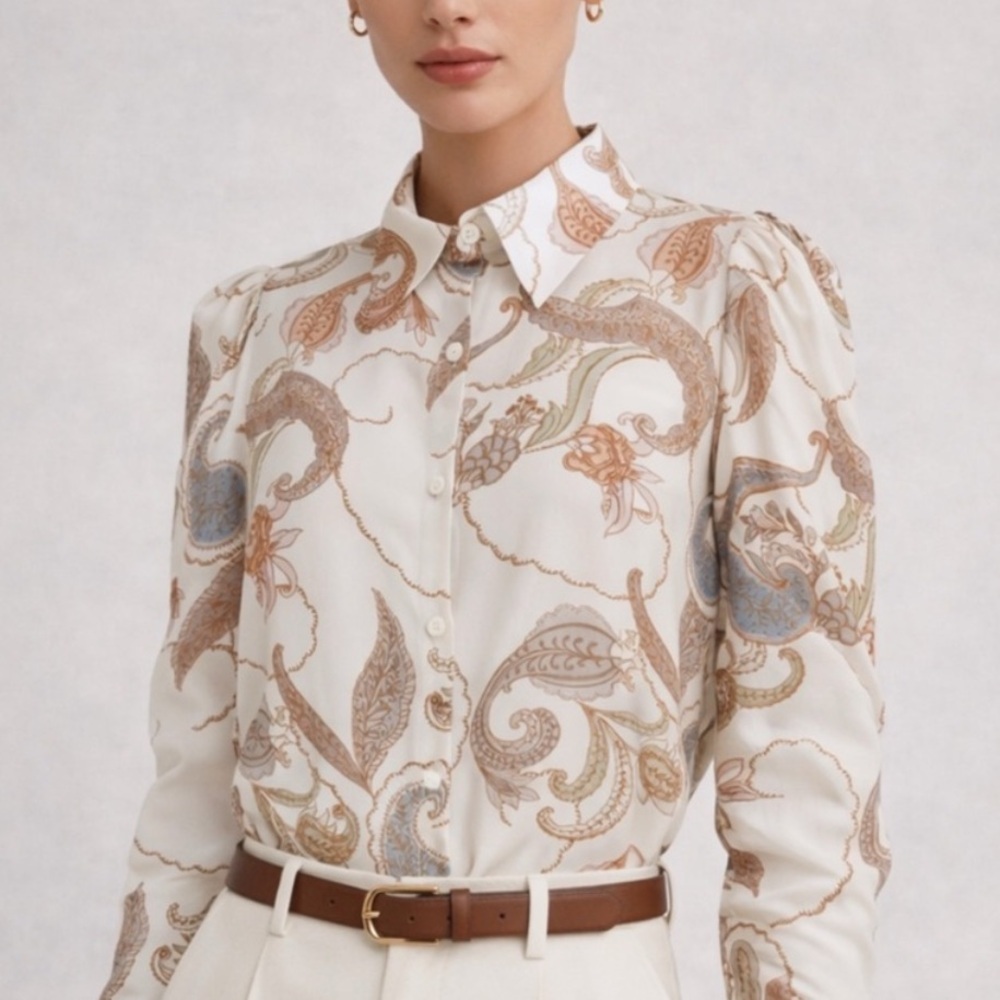 Chloe Paisley Button Down Blouse Shirt in Winter Cream
